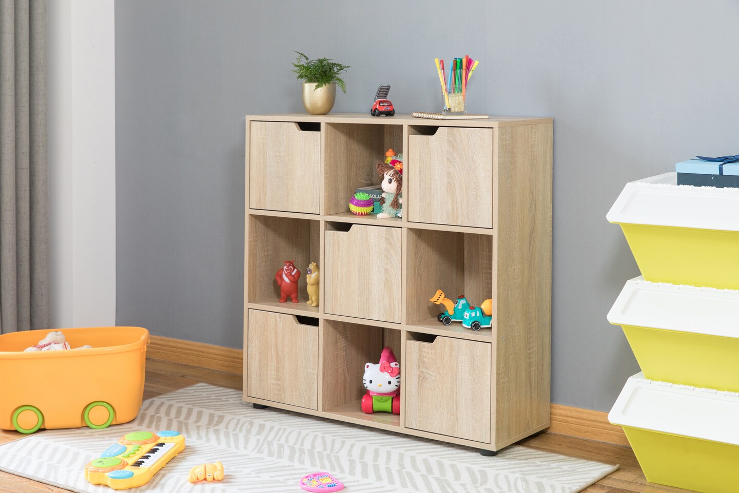 9 Cube Wooden Organizer With 5 Enclosed Doors and 4 Shelves