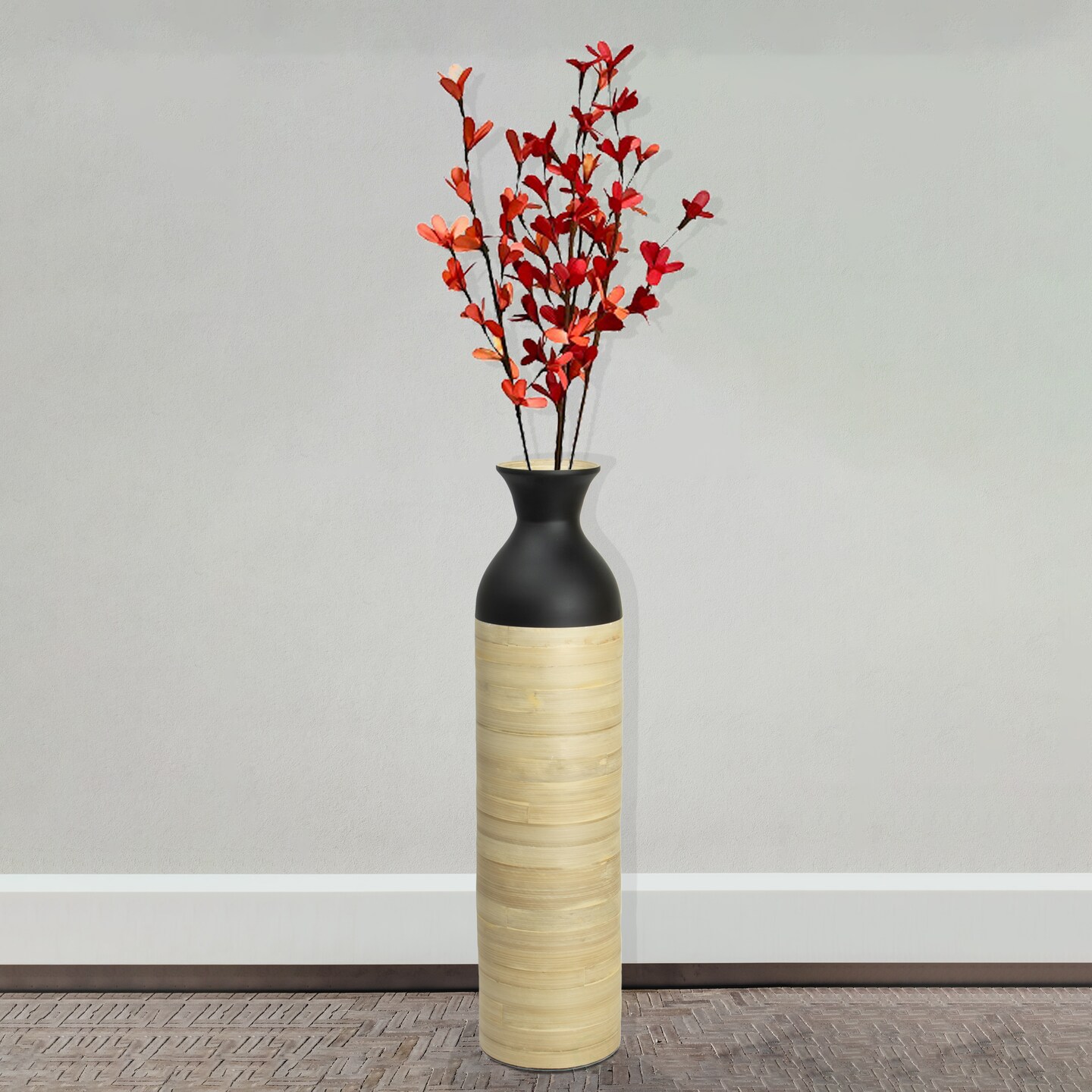Elegant Black or White Cylinder Shaped Tall Spun Bamboo Floor Vases, Embellished with a Glossy Lacquer, and Enhanced with Natural Bamboo Finish - Stylish Home Decor, Heights of 31 and 23.5 Inches