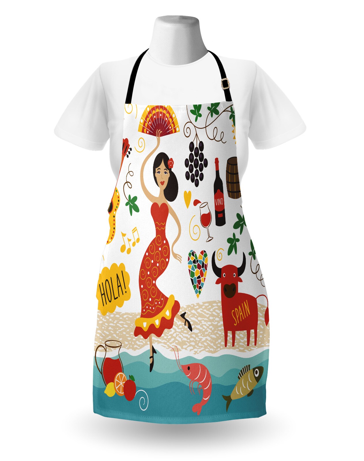 Ambesonne Spain Apron, National Elements Design Bull Guitar and Flamingo Dancer Cartoon Style Composition, Unisex Kitchen Bib with Adjustable Neck for Cooking Gardening, Adult Size, Multicolor