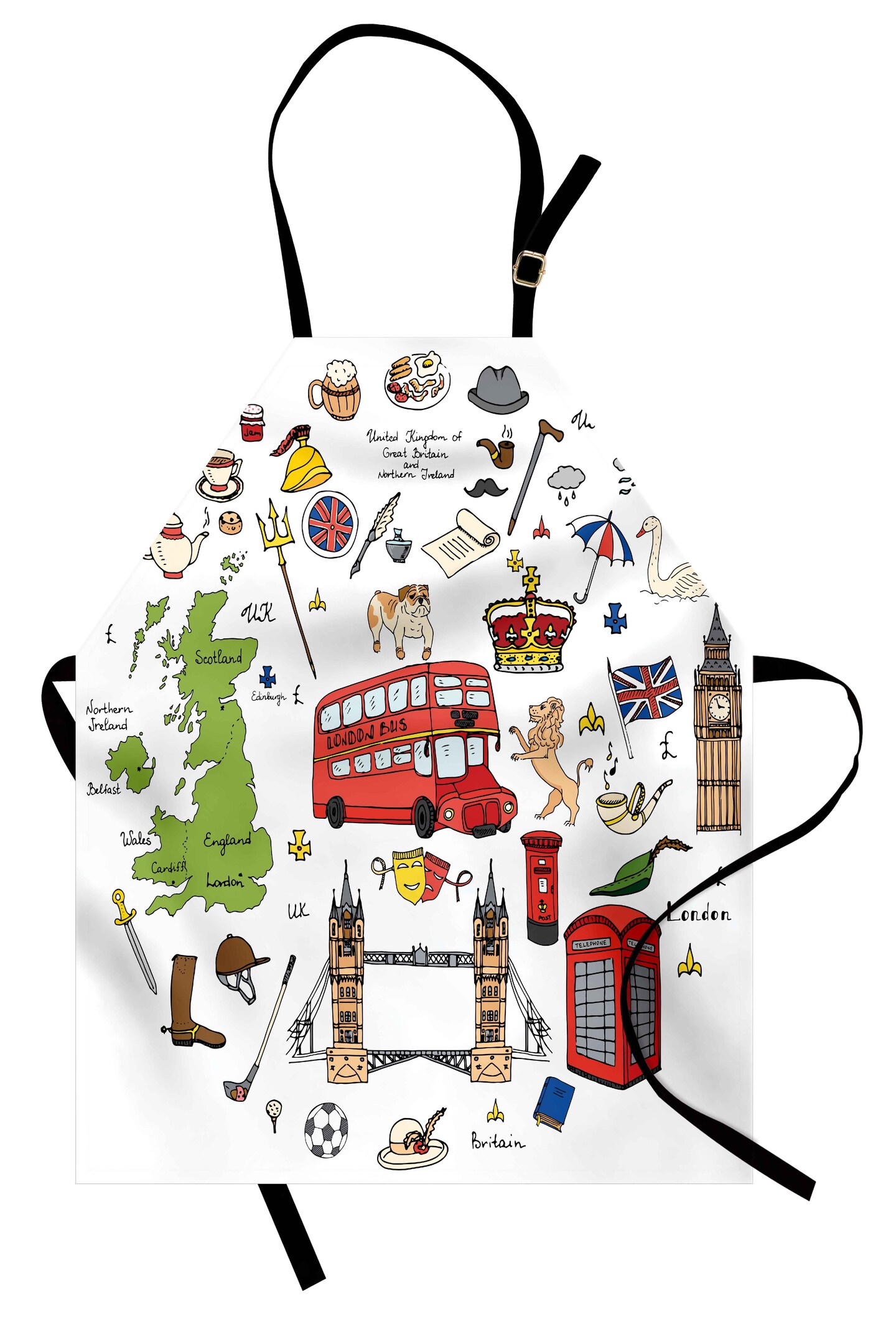 Ambesonne Travel Apron, Hand Drawn Famous Tourist Places Big Ben London UK British Monuments Illustration, Unisex Kitchen Bib with Adjustable Neck for Cooking Gardening, Adult Size, Multicolor