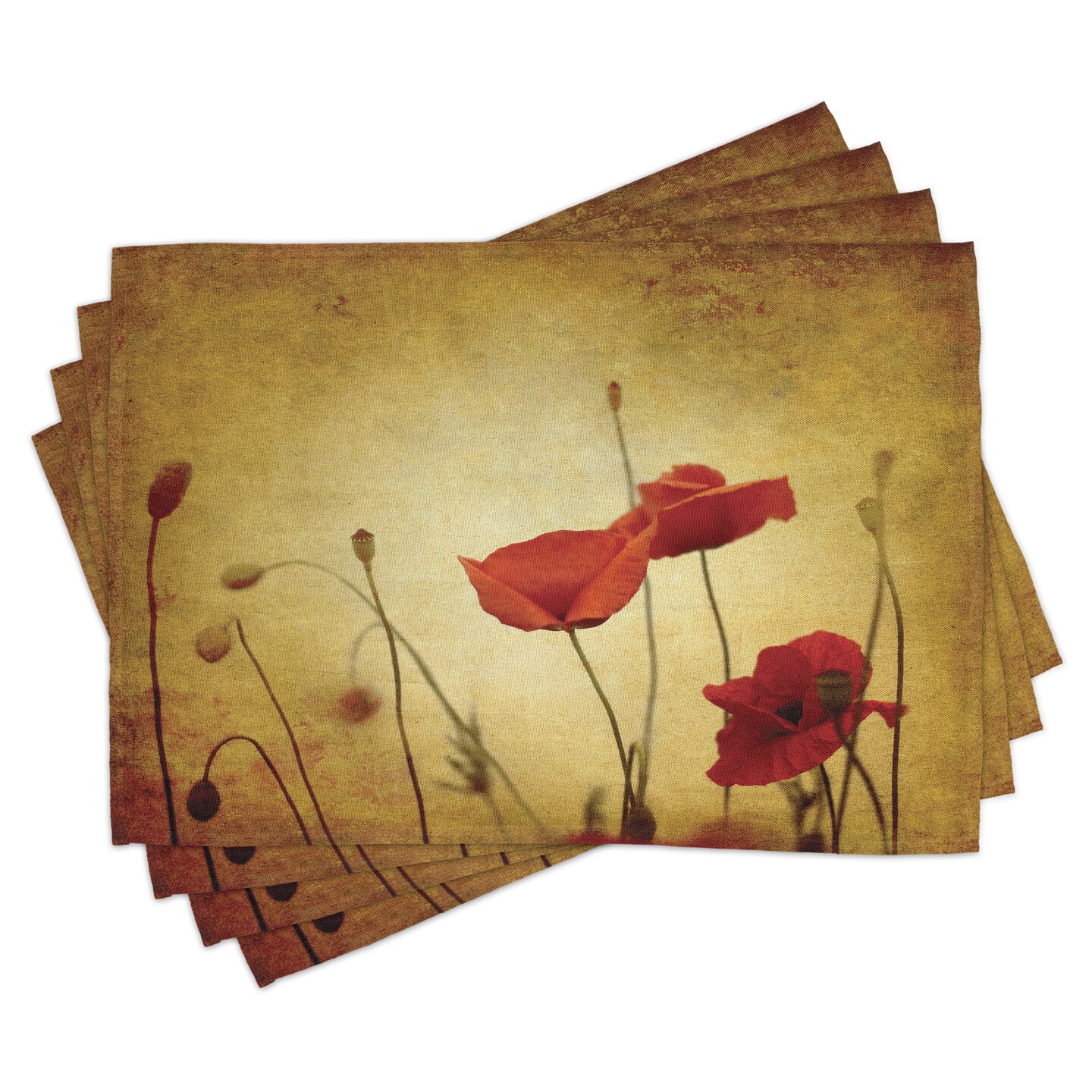 Ambesonne Poppy Flower Place Mats Set of 4, Flower and Buds on Ambient Grunge Background Retro Effects Bohemian, Washable Fabric Placemats for Dining Table, Standard Size, Pale Brown Vermilion