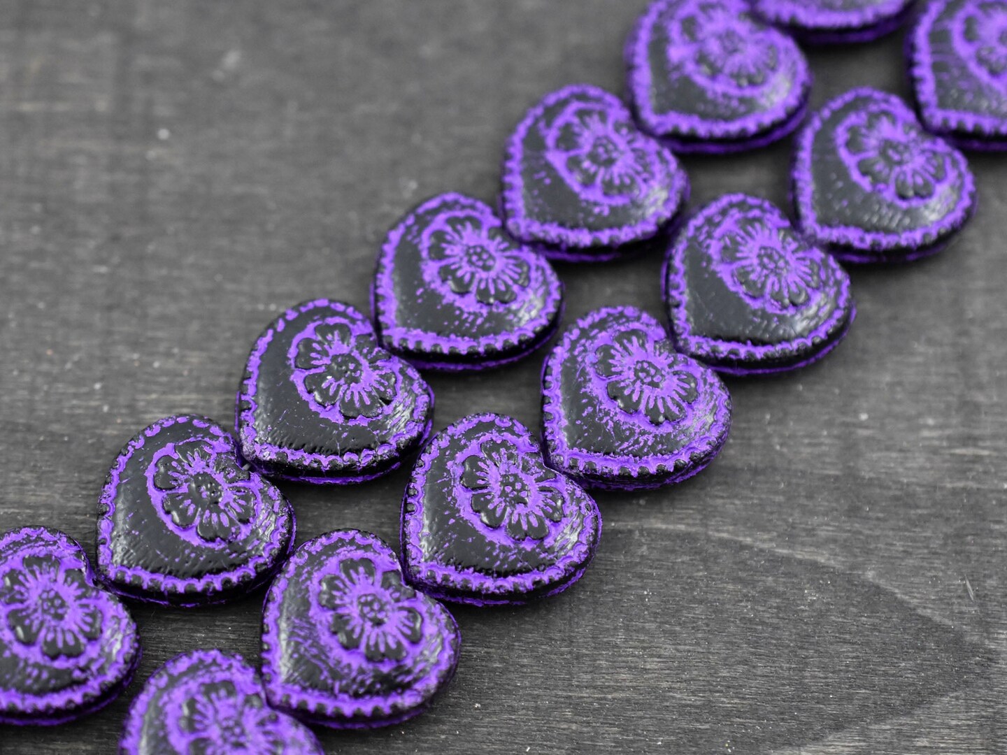 *4* 17mm Purple Washed Jet Black Floral Heart Beads