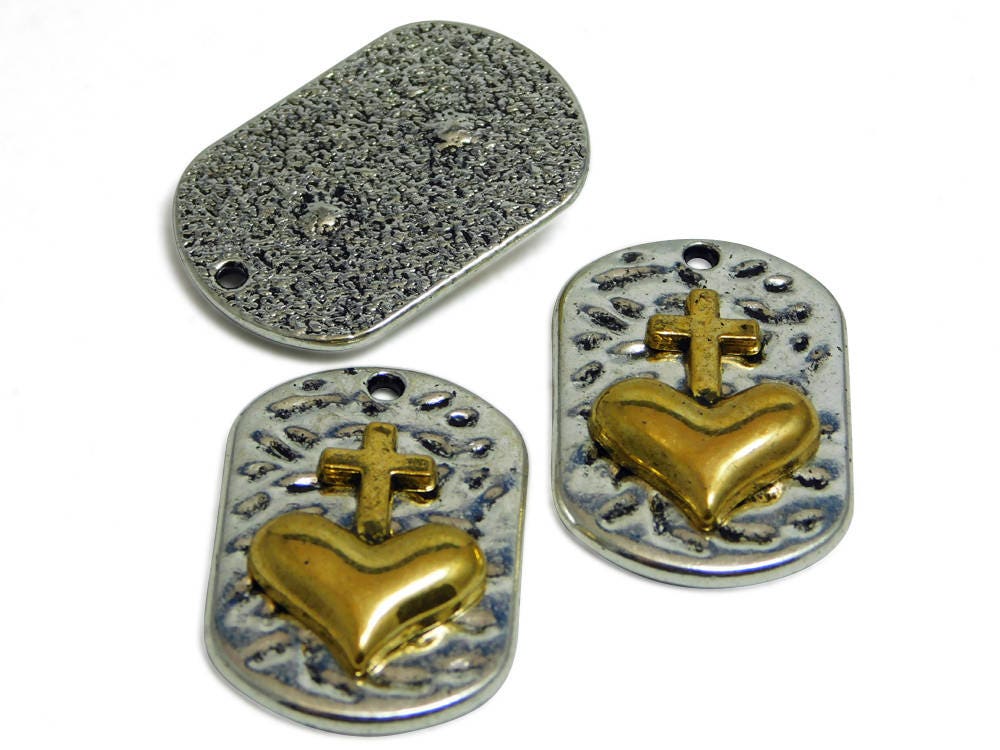 *2* 30x20mm Antique Silver w/ Gold Hammered Heart &#x26; Cross Dog Tag Charm Pendants