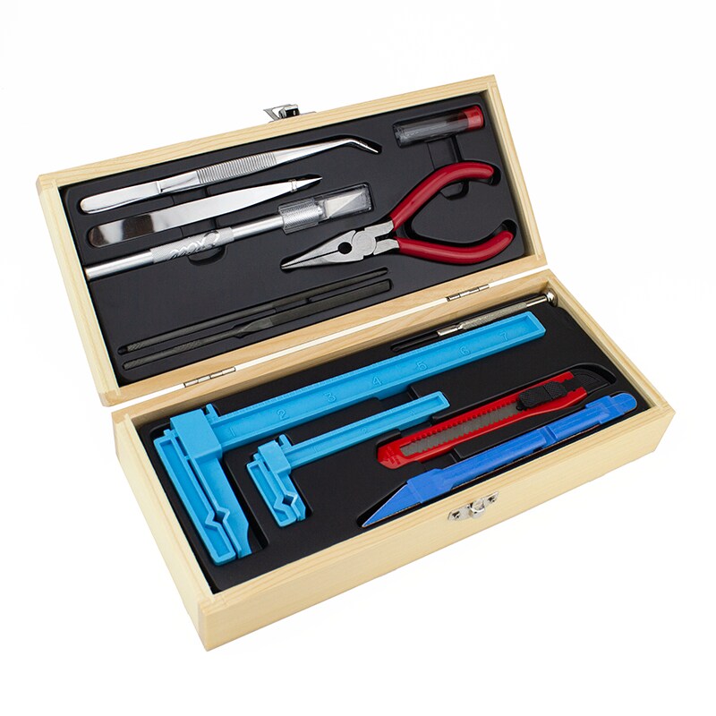 Excel Blades Deluxe Airplane Tool Set with Wooden Case, Knives, Clamps & Tweezers, USA Made
