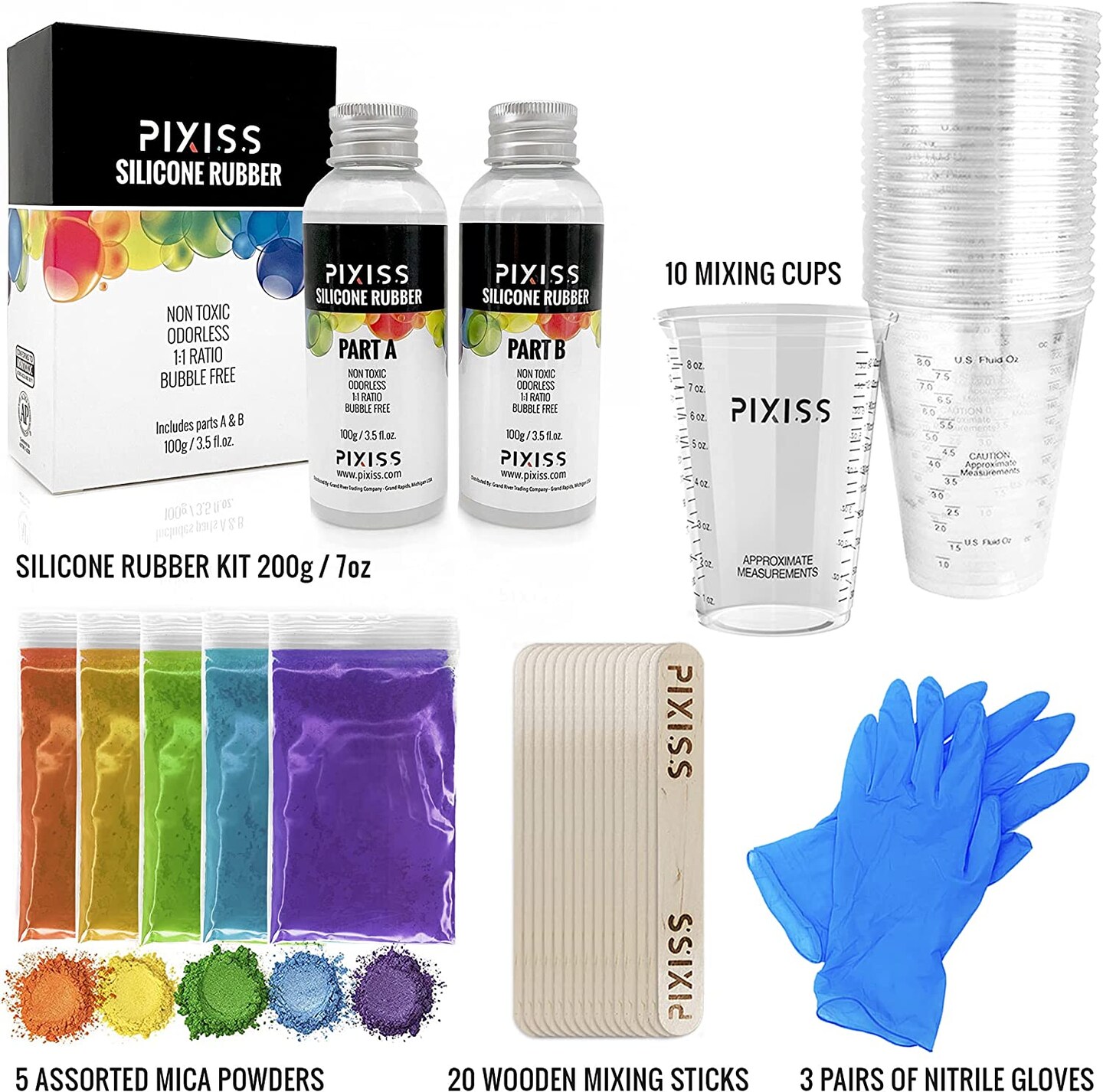 Silicone Rubber Mold Making Kit 200g/7oz, Mica Powders, Mixing Sticks, Gloves, Rubber