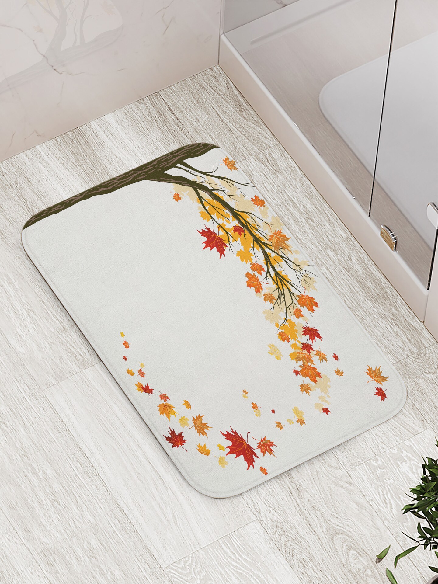 Ambesonne Fall Bath Mat, Leaf Group Motion in Mother Earth Transition from Summer to Winter Season Theme, Plush Bathroom Decor Mat with Non Slip Backing, 29.5&#x22; X 17.5&#x22;, Brown Orange