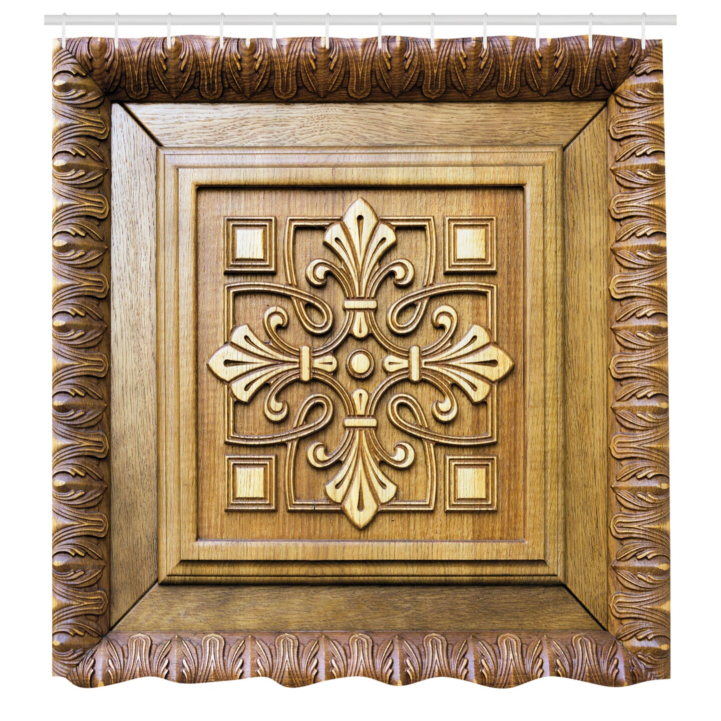 Ambesonne Antique Shower Curtain, Wooden Art Frame View Retro Design Lover Classic Carving-Like Royal Motif, Cloth Fabric Bathroom Decor Set with Hooks, 69" W x 70" L, Khaki and Brown