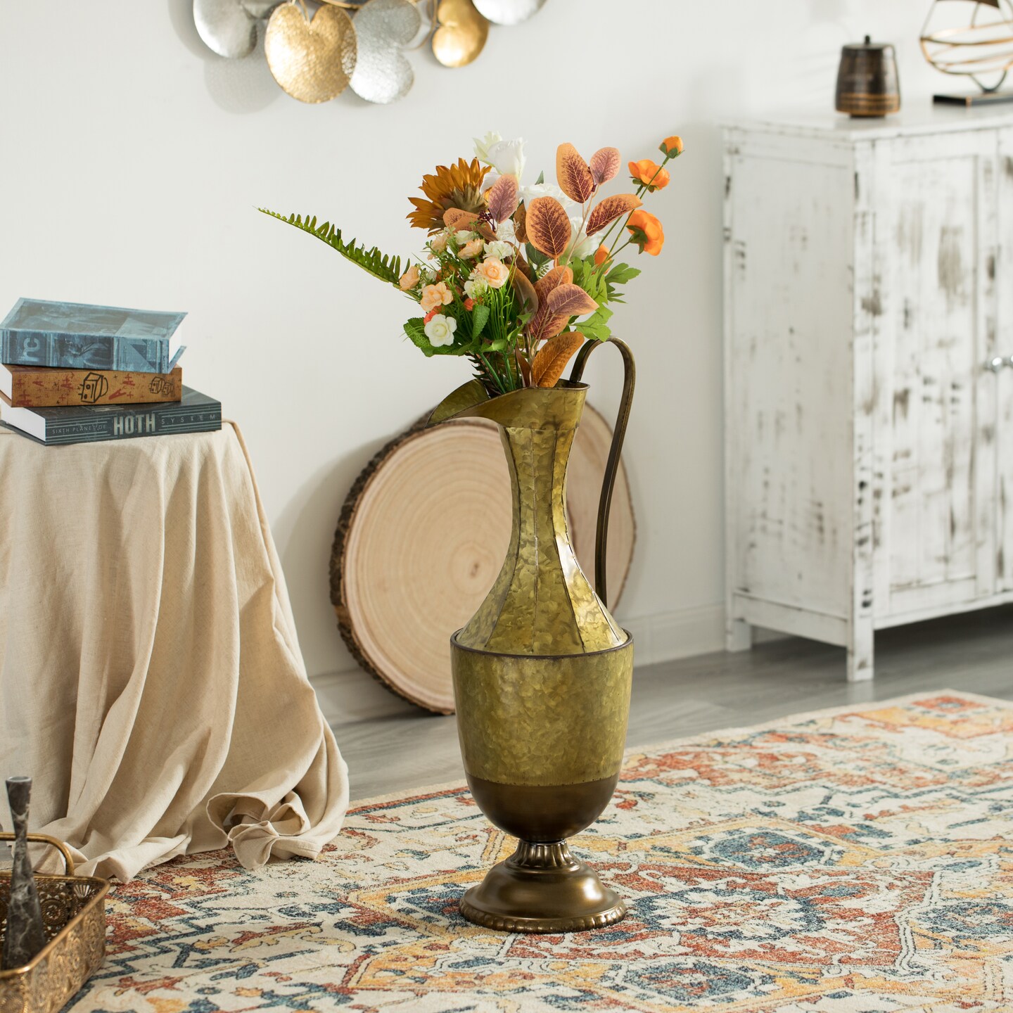 Decorative Antique Style 1 Handle Metal Jug Floor Vase for Entryway, Living Room or Dining Room