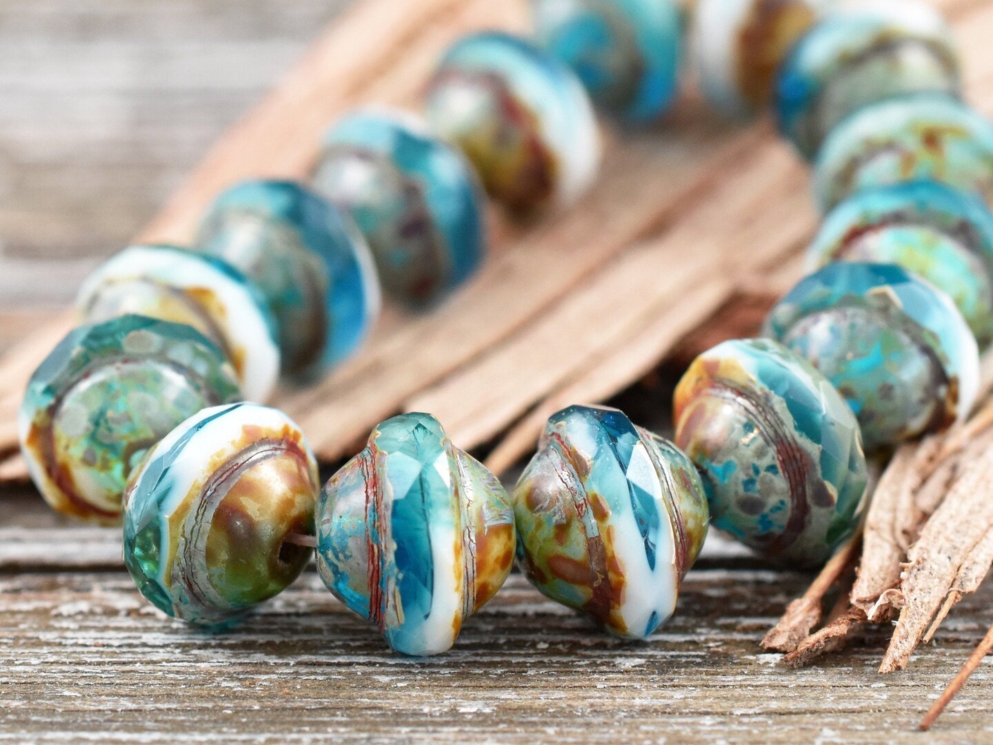 *15* 9x7mm Teal Parfait Picasso Saturn Beads