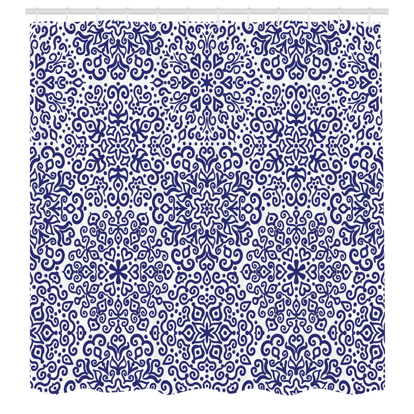 Ambesonne Indigo Shower Curtain, Mandala Pattern Little Blooms with Hearts Russian Style Pattern Print, Cloth Fabric Bathroom Decor Set with Hooks, 69&#x22; W x 70&#x22; L, Indigo and White
