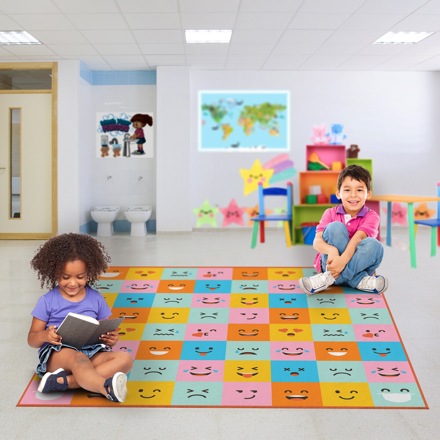 Deerlux 6 ft. Social Distancing Colorful Kids Classroom Seating Area Rug, Emoji Mask Design