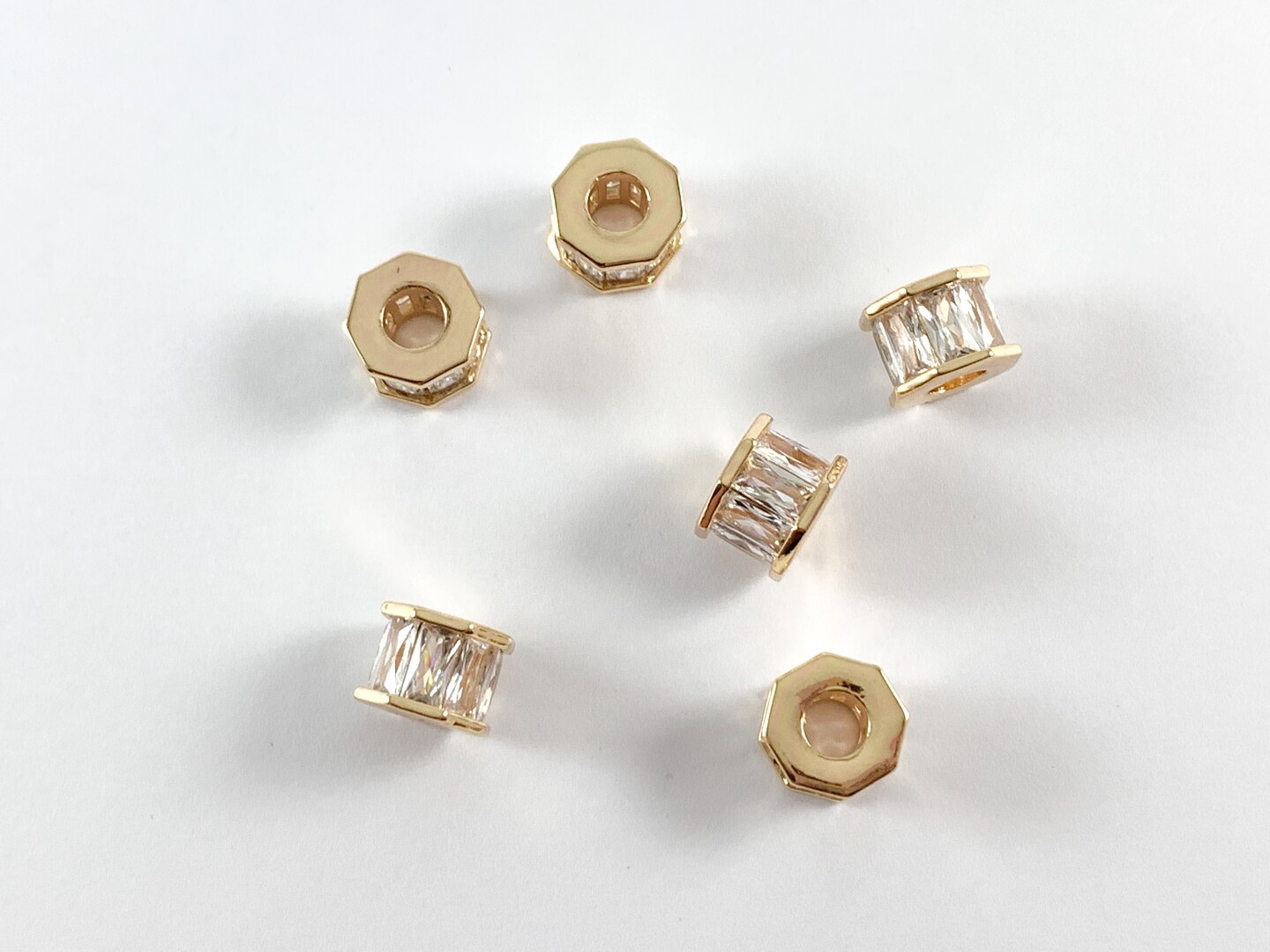 Beautiful Real Gold 18K/Platinum Plated Micro CZ Baguette Pave Octagon Large Hole Spacers Beads Over Brass 1 pc