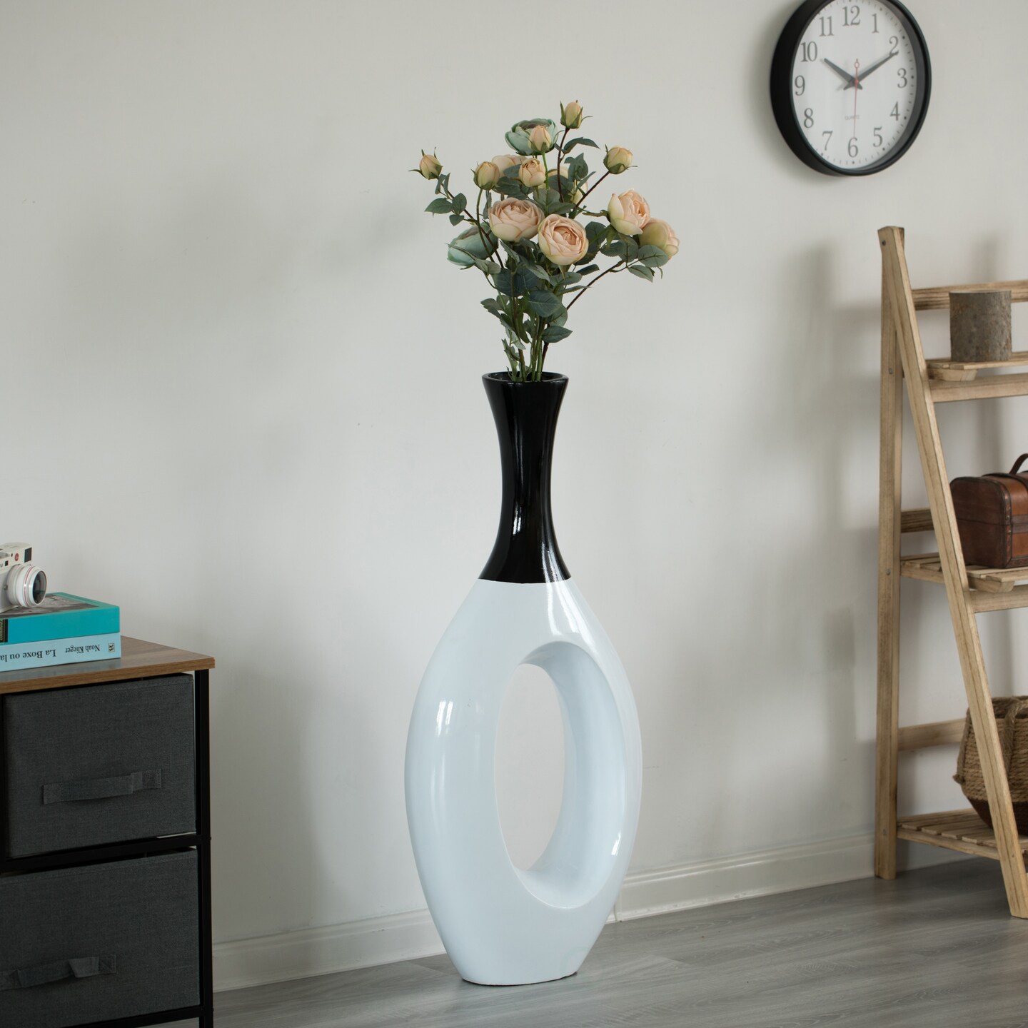 Decorative White Ceramic Floor Flower Vase with Black Neck, 36 Inch Tall for Living Room, Entryway, Dining Room, Modern Home Decor, Large Tall Vases for Flowers, Unique Art Vase, Decorative Floor Vase