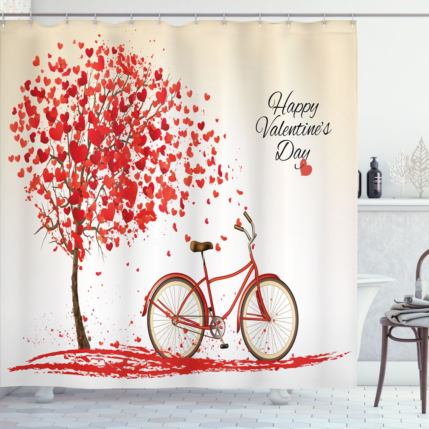Ambesonne Valentines Day Shower Curtain, Romantic Tree with Blooming Hearts with Bike and Petals Vintage Art, Cloth Fabric Bathroom Decor Set with Hooks, 69" W x 70" L, Cream Vermilion