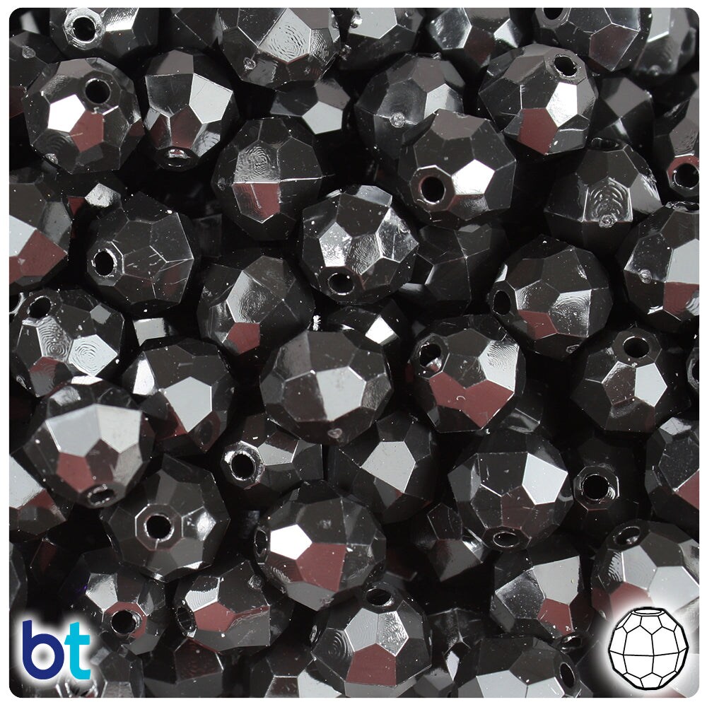 BeadTin Black Opaque 12mm Faceted Round Plastic Craft Beads (180pcs)