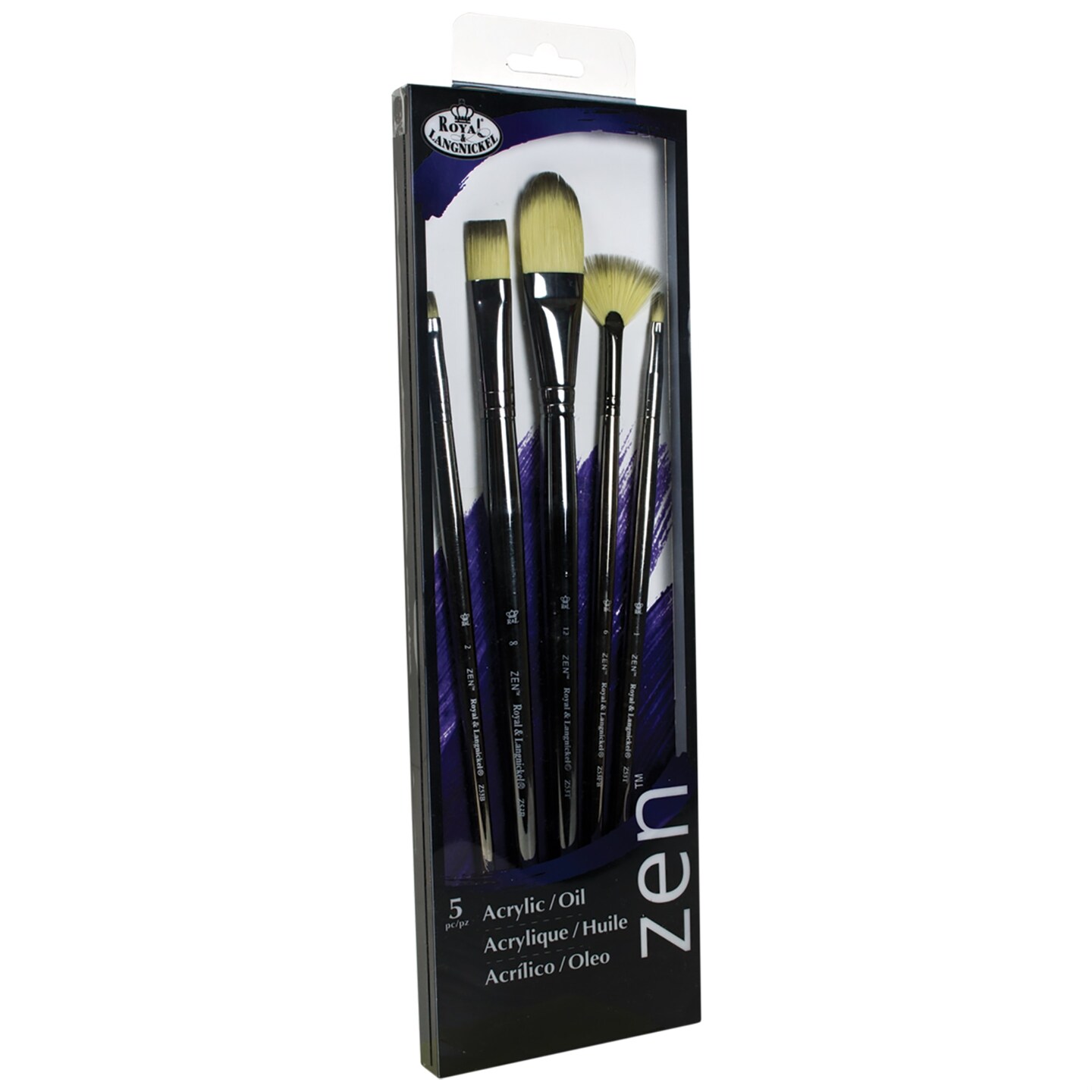 Royal & Langnickel Zen 5pc Long Handle Artist Brush Set, Includes Filbert, Fan & Bright