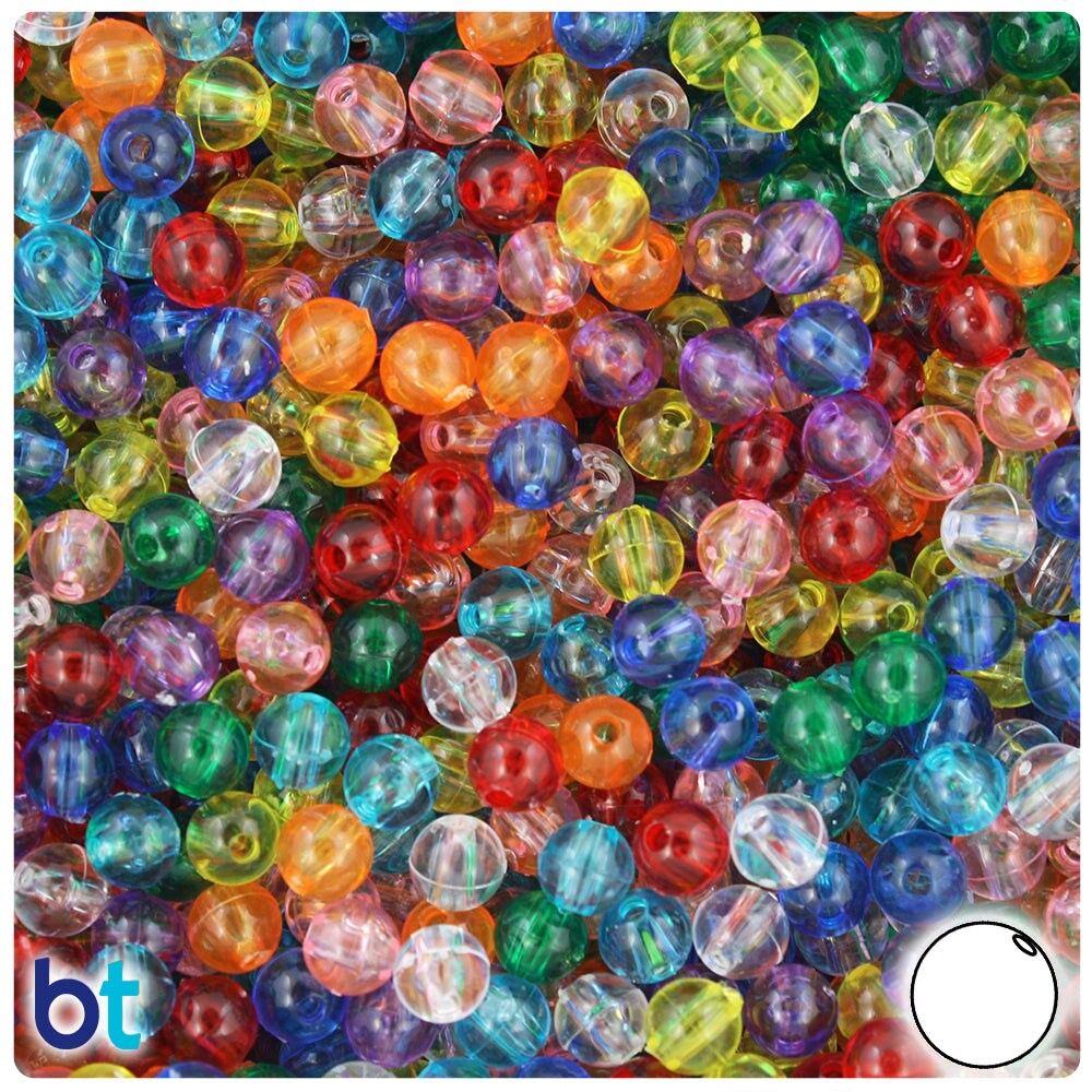 BeadTin Transparent Mix 6mm Round Plastic Craft Beads (500pcs)