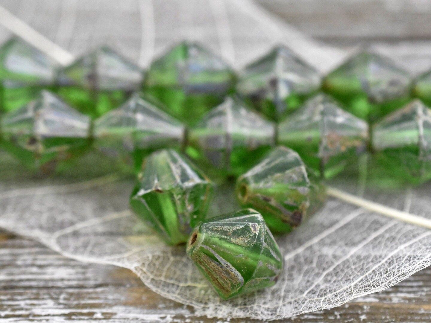*6* 15mm Emerald Green Travertine Faceted Bicone Beads