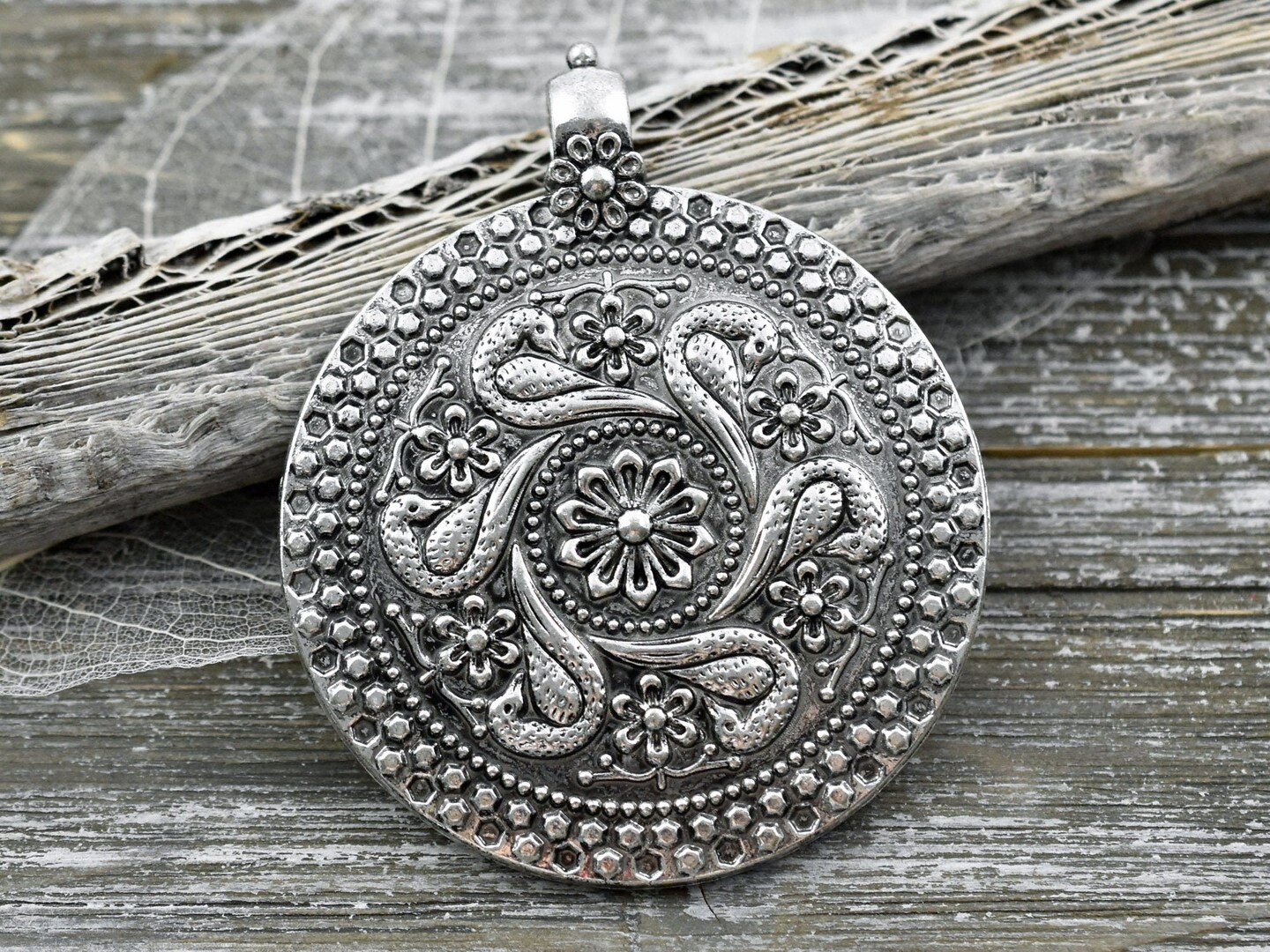 Antique Silver Boho Medallion Pendant 71x59mm