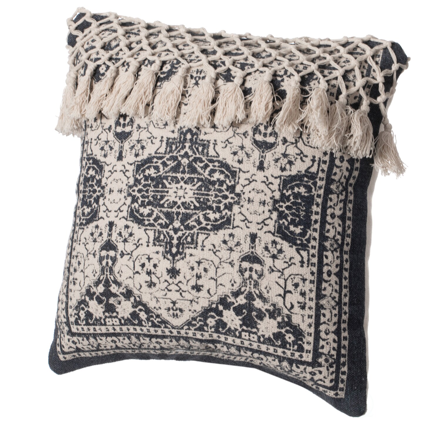 16&#x22; Handwoven Cotton Throw Pillow Cover with Traditional Pattern and Tasseled Top