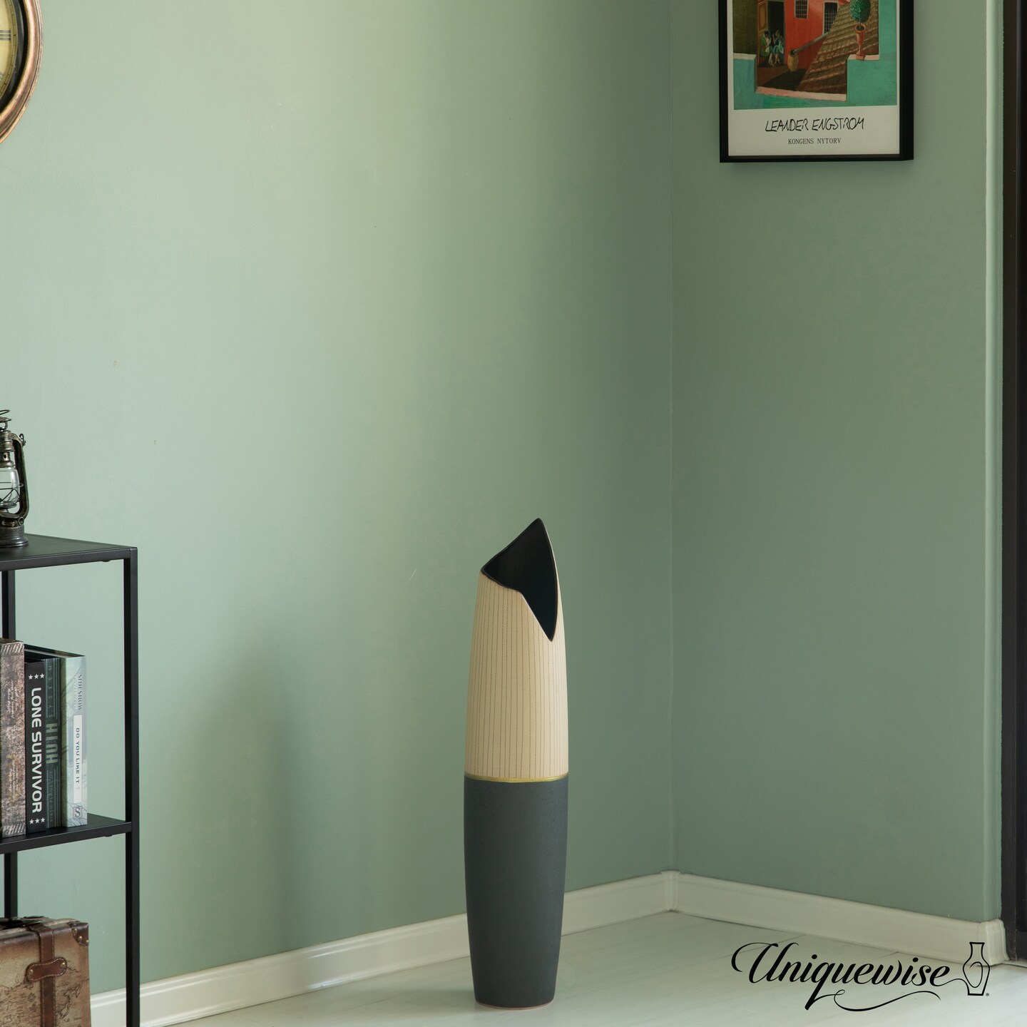 Freestanding Ceramic Floor Vase - Handcrafted Beige Polka Dot Striped Top and Black Bottom, Large Waterproof Vase for Tall Floral Arrangements, Unique Shaped Flower Holder