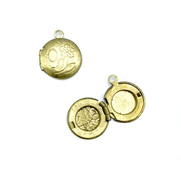 Vintage Raw Brass Circle Locket With Floral Design ~ 13mm X 16mm (4x) (V245)