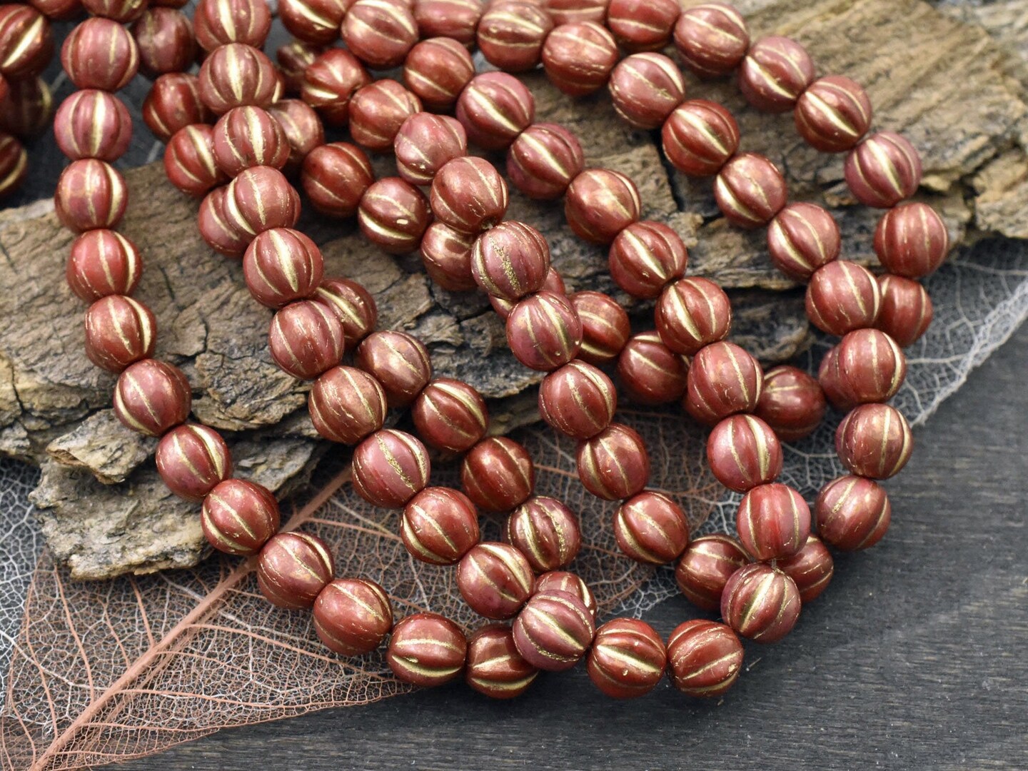 *25* 6mm Gold Washed Opaque Brick Red Round Melon Beads