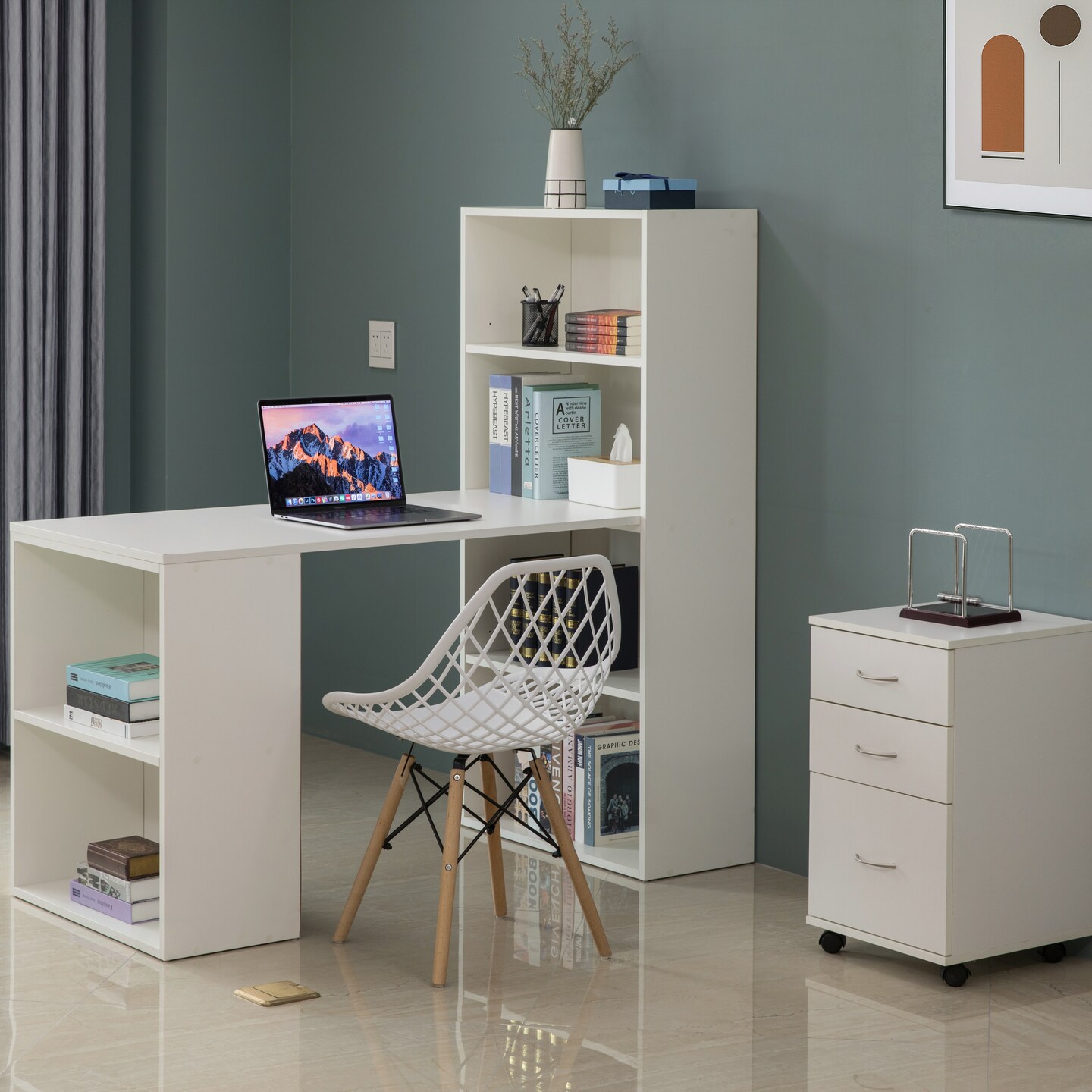 Computer Writing Workstation Table with Combo Bookshelf Bookcase
