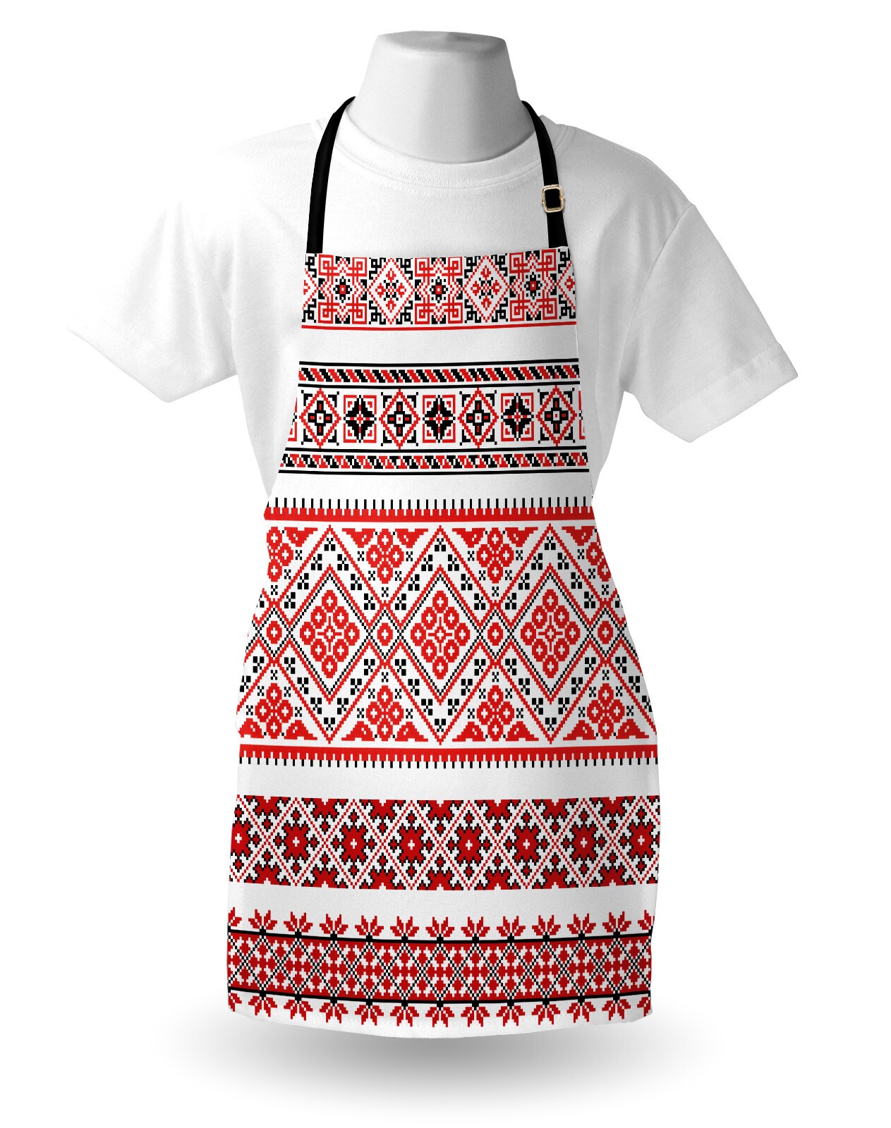 Ambesonne Art Apron, Traditional Ukrainian Borders Frames Ornaments Old Fashioned Cultural Motifs, Unisex Kitchen Bib with Adjustable Neck for Cooking Gardening, Adult Size, Vermilion Black White