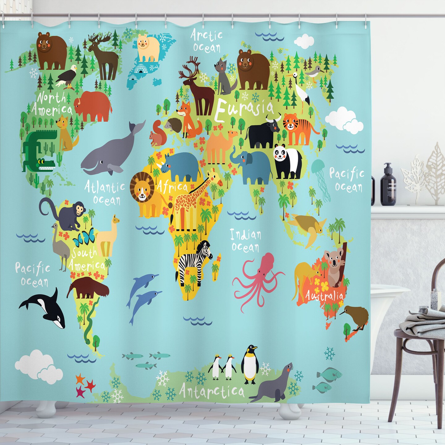 Ambesonne Wanderlust Shower Curtain, Funny Animal Map of the World Cartoon Forest, Cloth Fabric Bathroom Classroom Decor for Student and Teacher Set with 12 Hooks, 69" W x 70" L Pale Blue Yellow Green