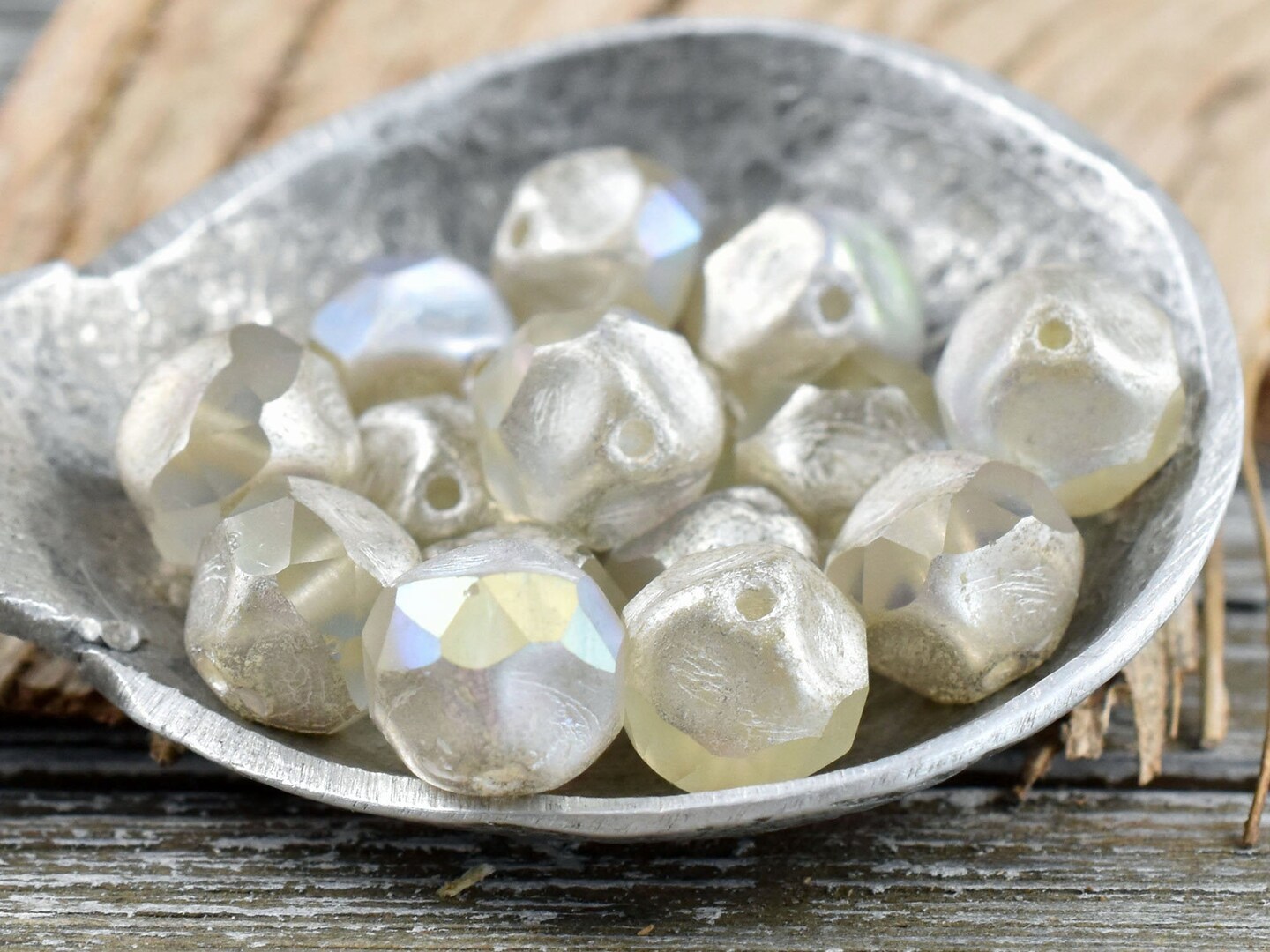 *15* 9mm Antique Silver AB Washed Crystal Central Cut Round Beads