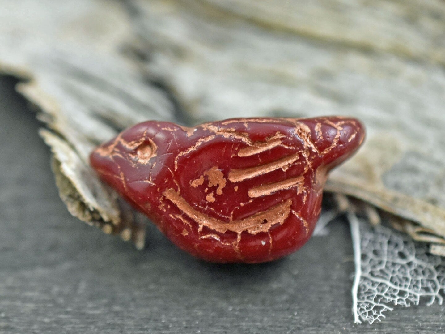 *6* 11x22mm Copper Washed Ruby Red Bird Beads