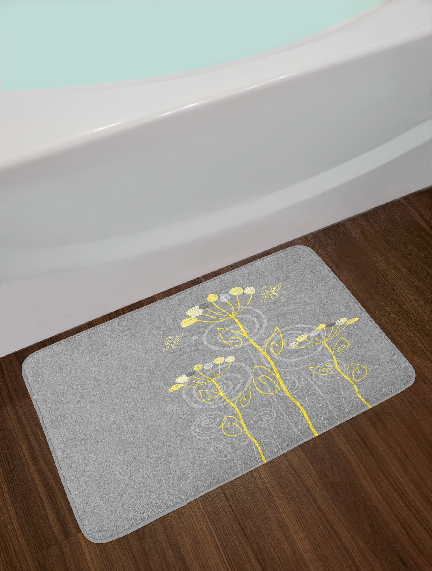 Ambesonne Grey and Yellow Bath Mat, Under The Sea Inspired Flowers Abstract Swirls Backdrop, Plush Bathroom Decor Mat with Non Slip Backing, 29.5&#x22; X 17.5&#x22;, Grey Yellow