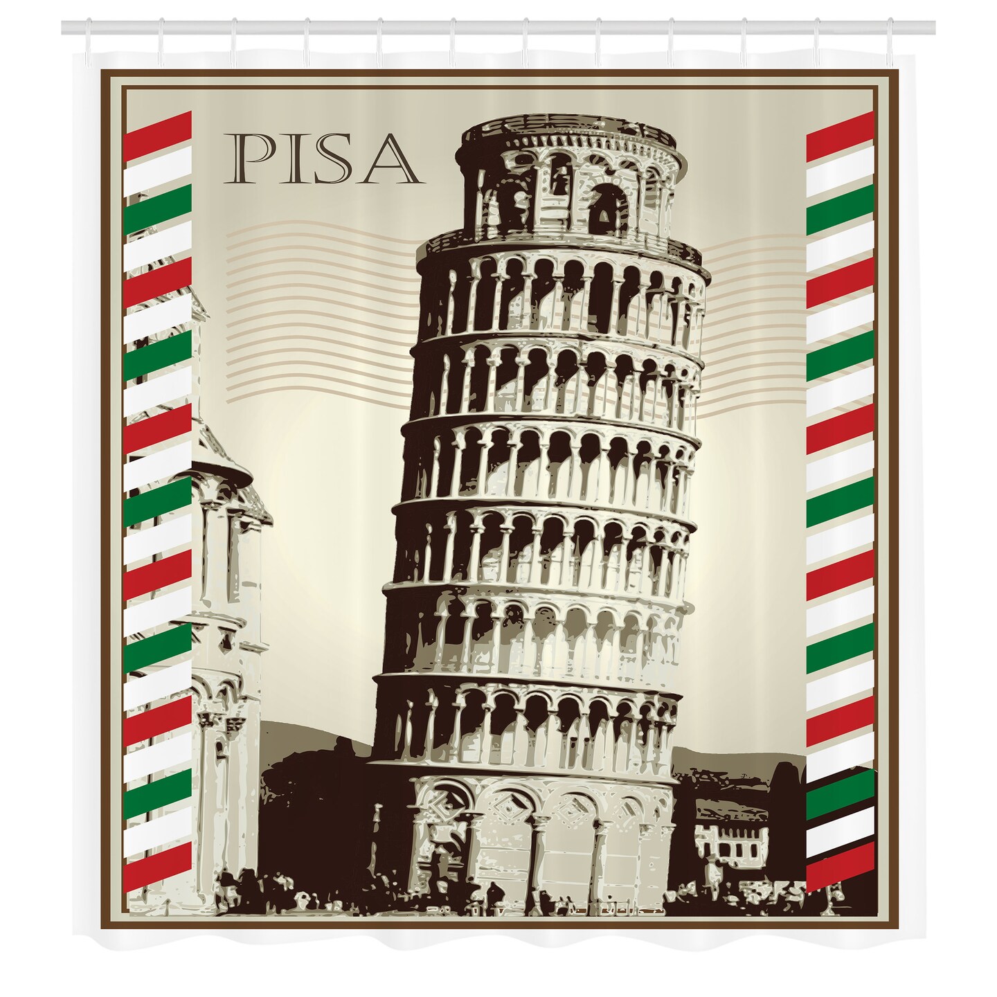 Ambesonne Pisa Shower Curtain, Vintage Style Illustration of Italian Landmark with Lines in Country Flag Colors, Cloth Fabric Bathroom Decor Set with Hooks, 69&#x22; W x 70&#x22; L, Eggshell Brown