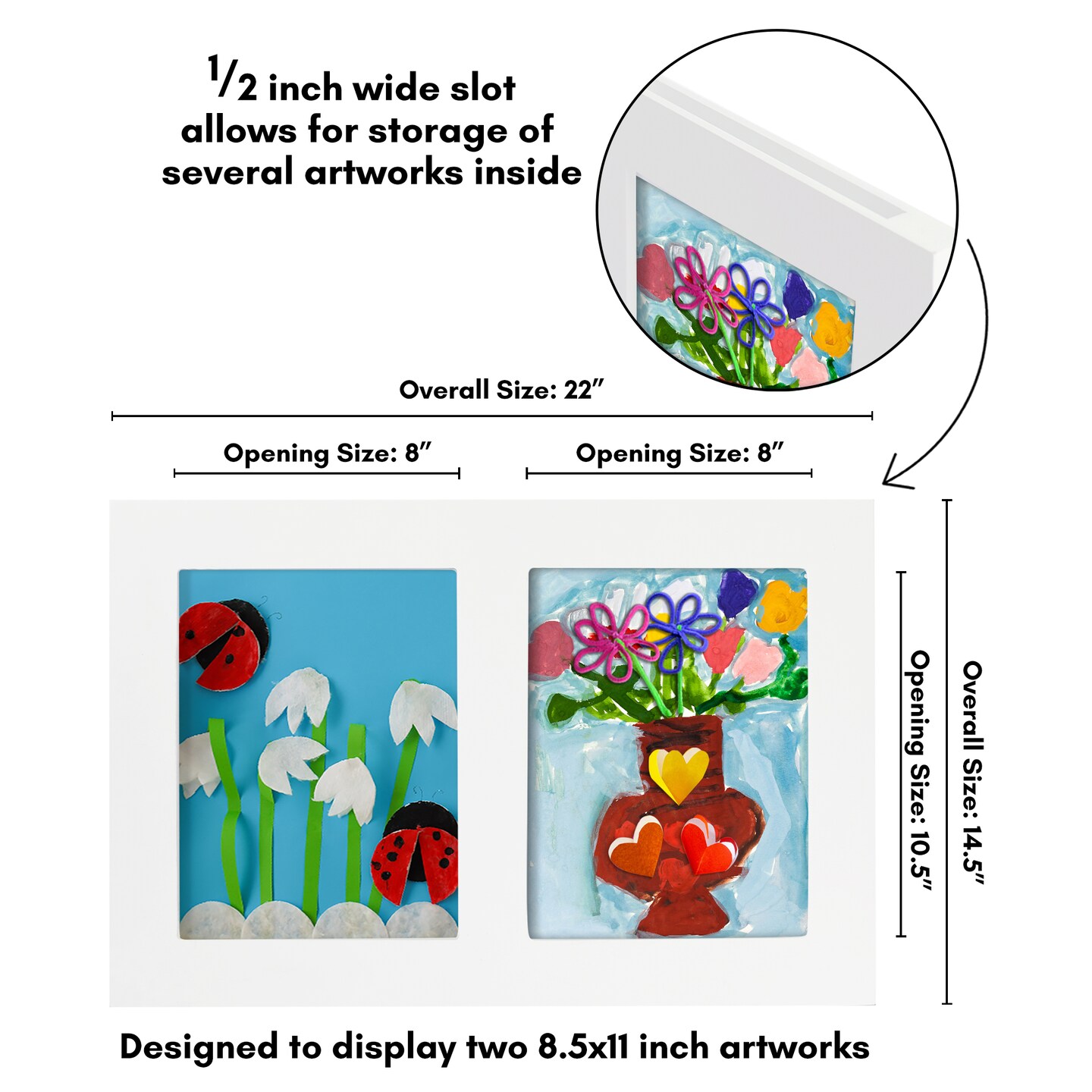 Americanflat 8.5x11 Collage Kids Art Frame - Displays Two 8.5x11 Artworks Side by Side - Showcase 3-Dimensional Artworks - Store Multiple Art Inside - Keyhole Hanging Hardware