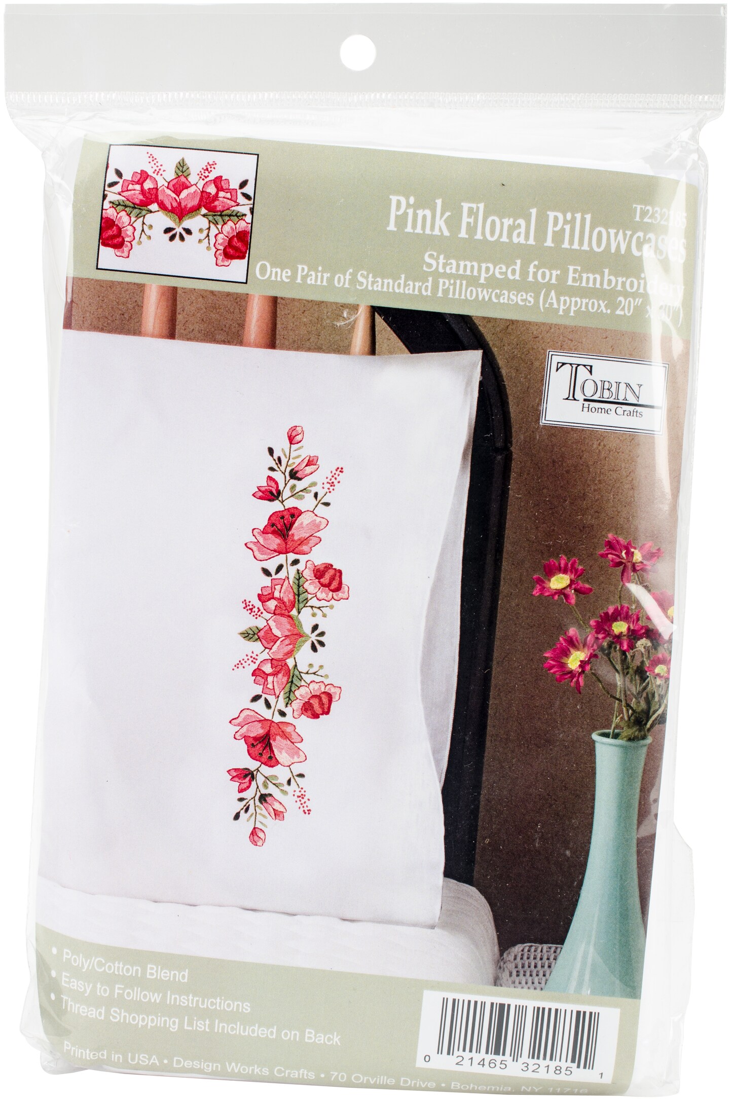 Tobin Stamped For Embroidery Pillowcase Pair 20"X30"-Pink Floral
