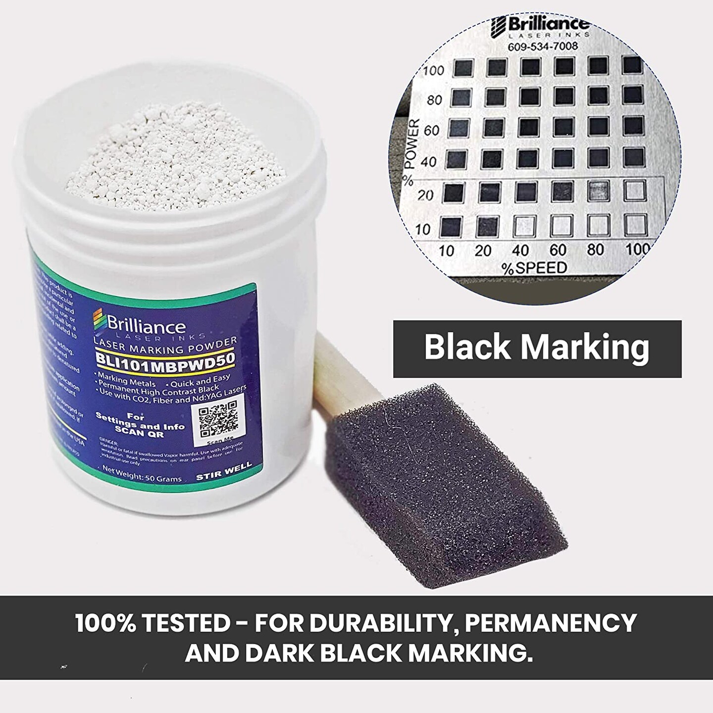 LASER MARKING POWDER-Metals Marking - CO2 Laser - Fiber Laser - YAG, 100% Guarantee, Durable, Permanent, High Contrast, Brilliance Laser Inks - BLI101MBPWD - 50 Grams(FOAM BRUSH INCLUDED)