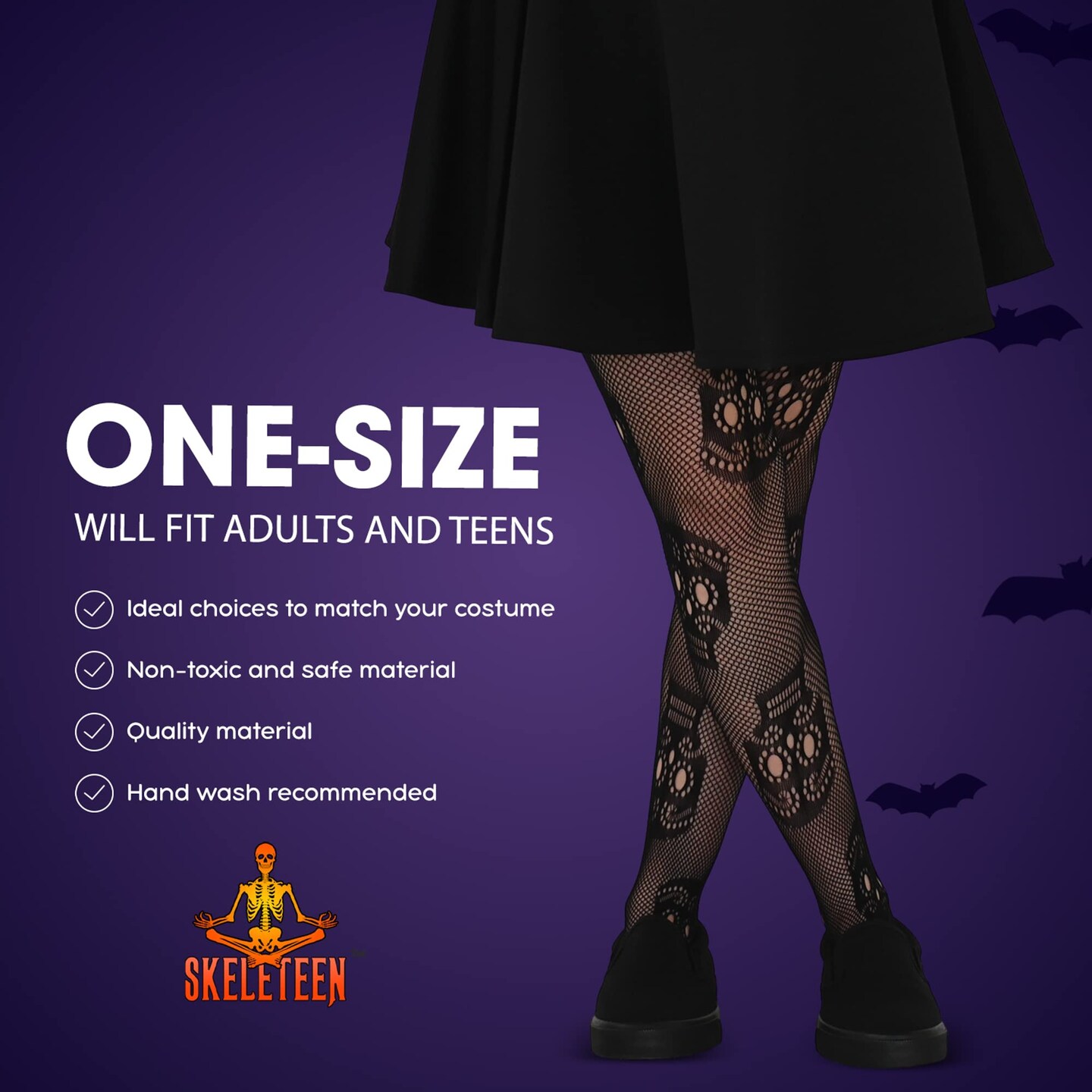 Black Fishnet Skull Tights - Gothic Day of the Dead Halloween Fish Net Pantyhose with Ripped Skeleton Sugar Skulls Stockings