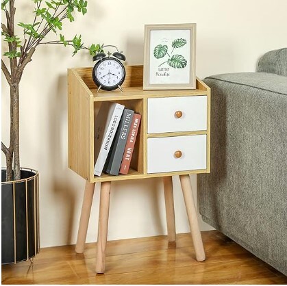 Bedside Table with Drawers, Nightstand Mid-Century Modern Nightstand with Solid Wood Legs and Open Storage Compartment:Natural Small End Table Side Table for Bedroom