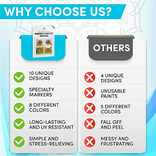 Stained Glass Mandala Art Kit - DIY Window Clings with Markers, 10 Suncatchers - Perfect Hobby for Adults, Kids, Teens & Seniors - Ideal Gift for Beginners, Women & Elderly