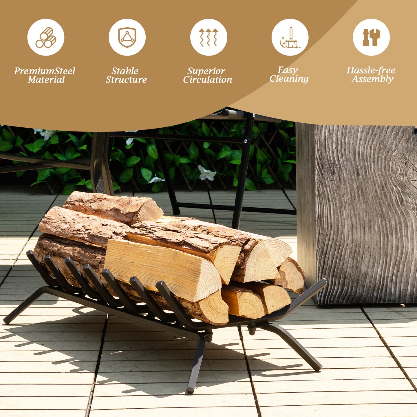 Black Metal Fireplace Grate for Outdoor Fire Pit with V-Shaped Design