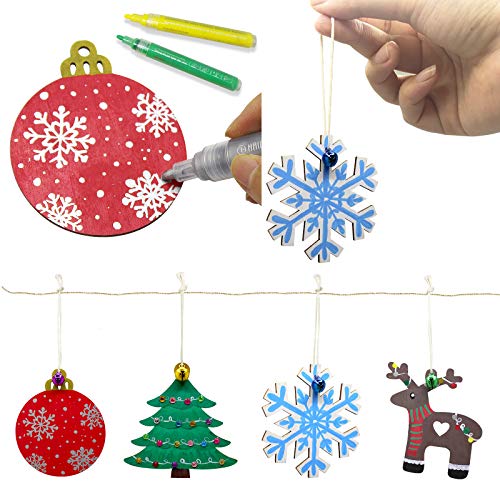 Hidreas 40 Pcs Wooden Ornaments Unfinished Christmas DIY Ornaments Craft Kit, Christmas Wood Ornaments with Bells, Wax Rope and Rhinestone Stickers for Children Arts and Crafts Supplies