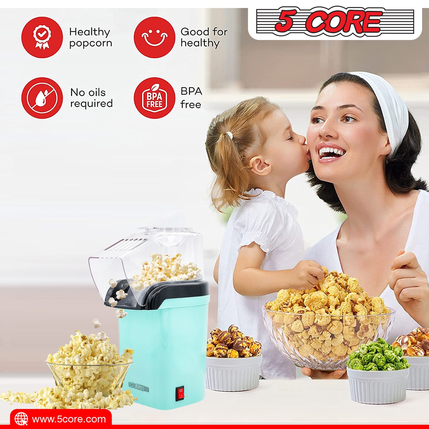 5 Core Hot Air Electric Popcorn Machine Popper Kernel Corn Maker BPA Free No Oil, Red