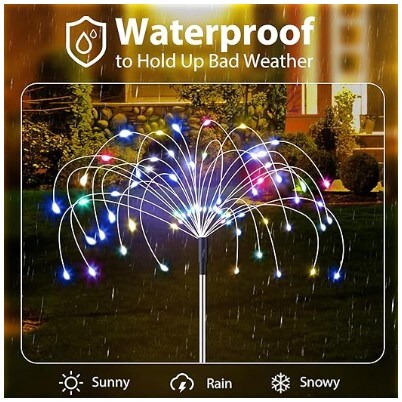 4 Pack 360 LED Waterproof Fireworks Lamp, Fairy Fireworks Light for Christmas Yard Patio Party Decor, Sparkler Lights with Large Capacity Solar Panels (Multi Colour)