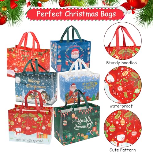 12 Pieces Large Reusable Christmas Tote Bags with Handles, Christmas Treat Bags, Multifunctional Non-Woven Christmas Bags for Gifts Wrapping, Shopping, Xmas, Party Favor Bags, 12.8&#x22; x 9.8&#x22; x 6.7&#x22;