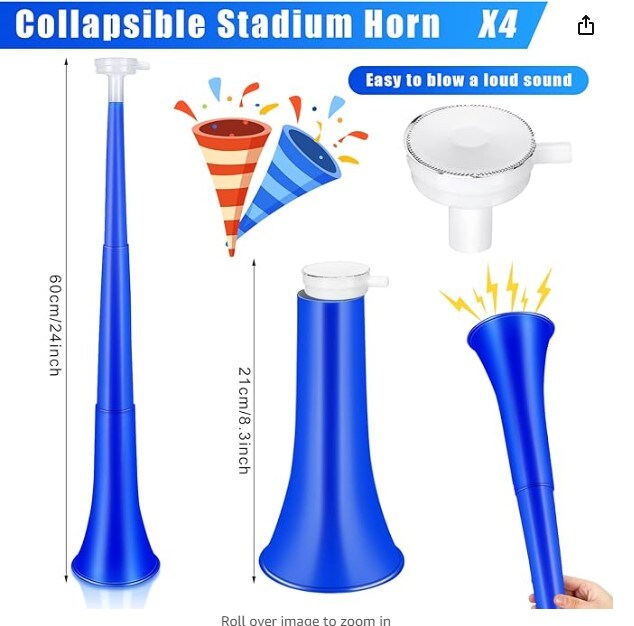 4 Pieces Collapsible Stadium Horn (Blue) 24 Inch Vuvuzela Plastic Trumpet Horn Blow Horn Noisemakers for Sporting Events Graduation Games School Sports Party Supplies Favors Accessories