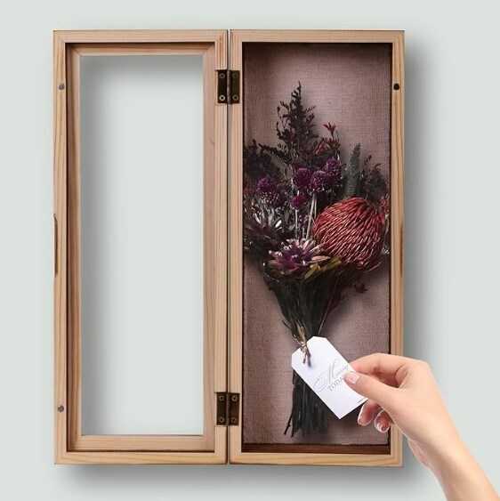 Memory Display Case for Wedding Bouquet Memorabilia Medals Photos Keepsakes, 12.5" x 5" Shadow Box, Solid Wood Box Frame with Linen Background and 8 Stick Pins