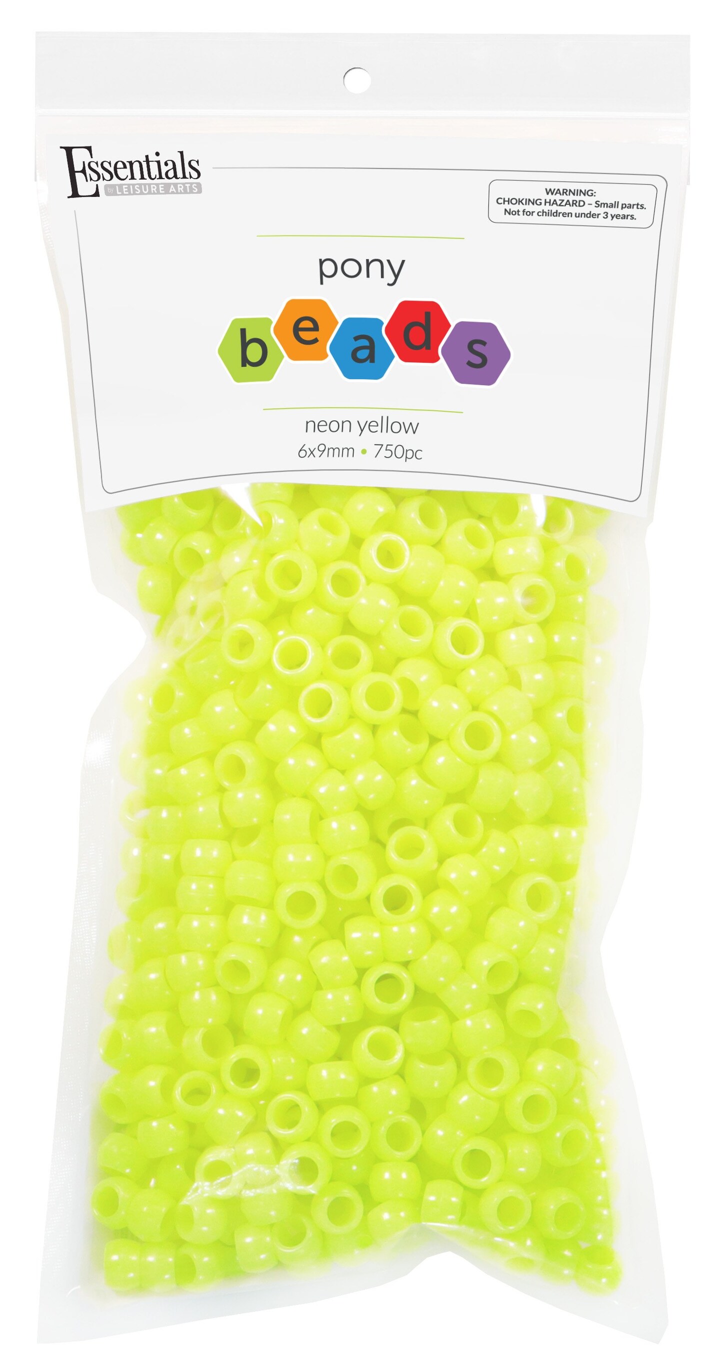 Essentials by Leisure Arts Pony Bead 6mm x 9mm Neon Yellow Opaque Plastic Pony Beads Bulk 750 pieces for Arts, Crafts, Bracelet, Necklace, Jewelry Making, Earring, Hair Braiding