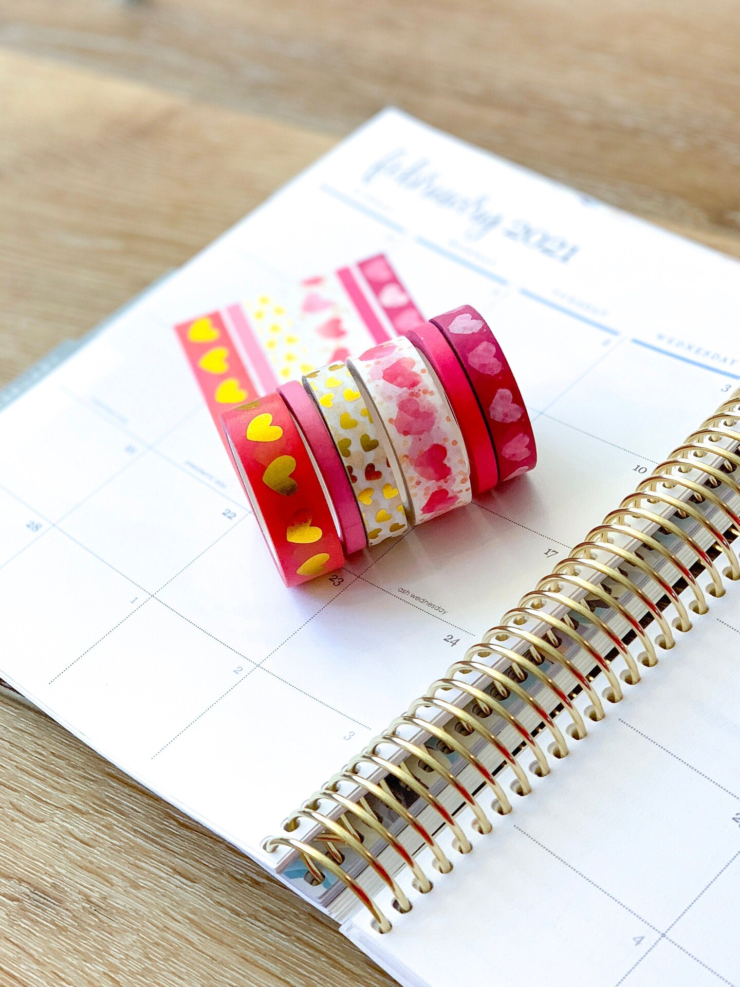FOILED  Valentine&#x27;s Pink &#x26; Gold Hearts Washi Tape Set (#W014)