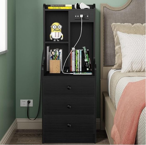 Tall End Table for Bedroom Living Room, Bed Side Table/Night Stand with 3 Drawers, Bedside Table with Open Storage Shelf, Black Modern Nightstand with Charging Station